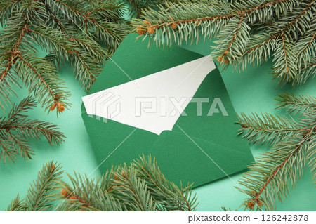 Letter for Santa Clause with fir-tree bunch on green background. Letter for Santa Clause with fir-tree bunch on green background. 126242878