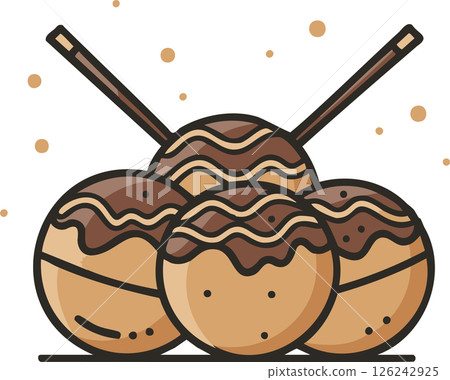 Four Takoyaki with Sticks and Sauce Four Takoyaki with Sticks and Sauce 126242925