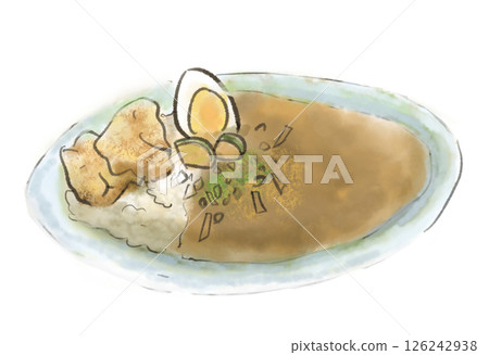 Illustration of curry rice with boiled eggs and fried chicken 126242938