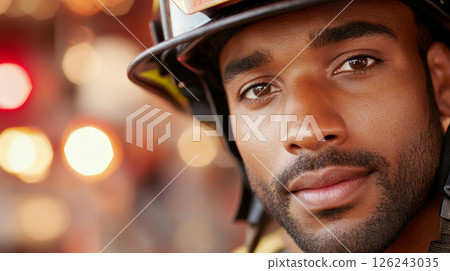 Firefighter in gear on duty under sunny day 126243035