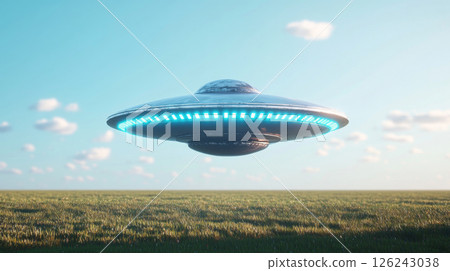 UFO flying over grassy field under clear sky, concept of aliens and technology 126243038