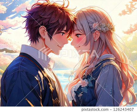 Illustration of a young couple like those in an anime, smiling shyly with their foreheads pressed together 126243407