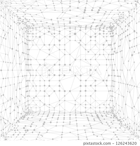 Abstract polygonal perspective space. Dots connected by lines. Abstract wave. Square, cube room. Minimalist mesh. Abstract polygonal perspective space. Dots connected by lines. Abstract wave. Square, cube room. Minimalist mesh. 126243620