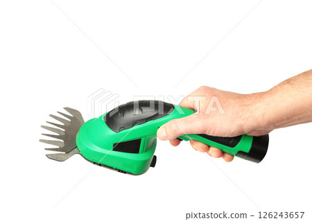 Hands with garden trimmer isolated on white background. 126243657