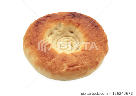 Georgian traditional bread flatbread isolated on white background. Georgian traditional bread flatbread isolated on white background. 126243678