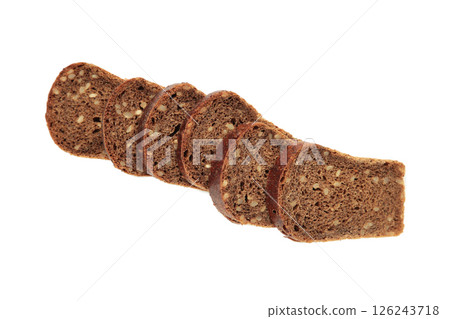 Slice of wholemeal dark bread isolated on a white background Slice of wholemeal dark bread isolated on a white background 126243718