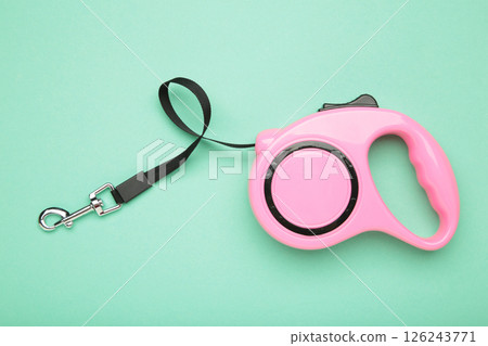 Pink plastic durable and ergonomic leash roulette for pets on mint background. Convenient mechanical device for keeping and controlling dog in street. Pink plastic durable and ergonomic leash roulette for pets on mint background. Convenient mechanical device for keeping and controlling dog in street. 126243771