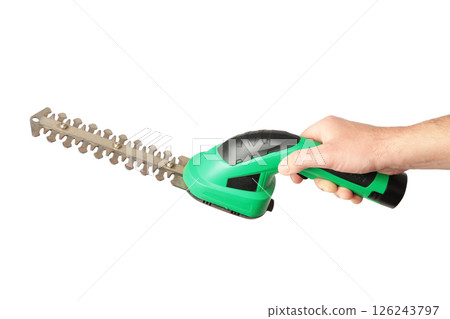 Hands with garden trimmer isolated on white background. 126243797