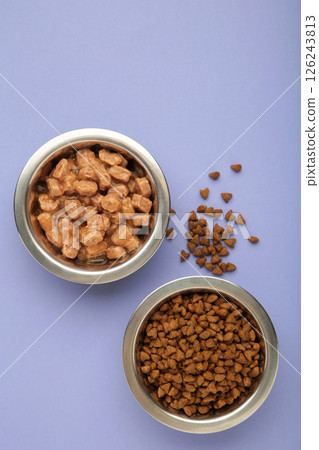 Wet and dry food for dogs and cats in silver bowl on purple background. Vertical photo Wet and dry food for dogs and cats in silver bowl on purple background. Vertical photo 126243813