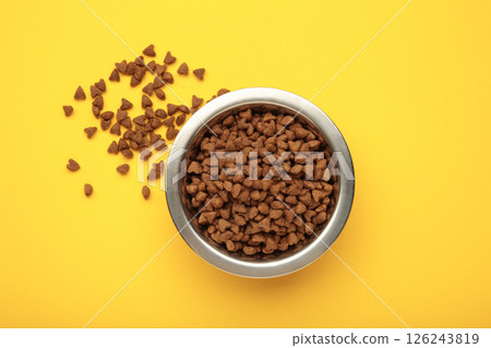 Dog or cat dry food in a silver bowl on yellow background 126243819