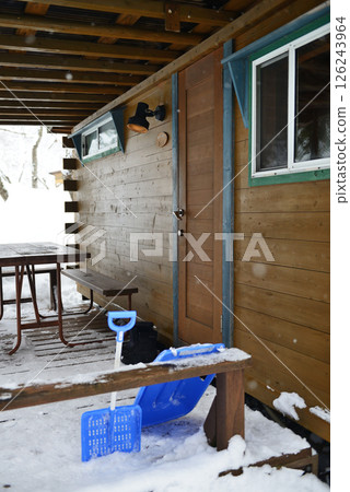 Log bungalows at Oogidani Auto Campsite in winter in Takanocho, Shobara City, Hiroshima Prefecture 126243964