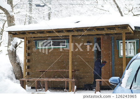 Log bungalows at Oogidani Auto Campsite in winter in Takanocho, Shobara City, Hiroshima Prefecture Log bungalows at Oogidani Auto Campsite in winter in Takanocho, Shobara City, Hiroshima Prefecture 126243965