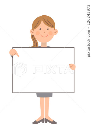 一個穿著西裝的女人的全身插圖，上面有白板 126243972