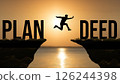 Man Jumping from Plan to Deed at Sunset. Concept of Action and Achievement 126244398