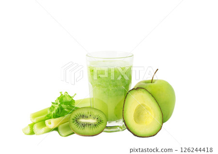 Green smoothie in glass made from kiwi, celery, apples. Detox concept, healthy food, diet, vegetarian. Smoothie isolated on white 126244418