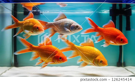 Goldfish swimming in an aquarium - vibrant red and gold colors 126245414