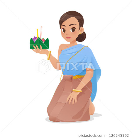 Illustration of a woman at Loy Kratong Festival in Thailand. 126245592