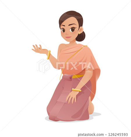 Illustration of a woman in Thai dress, gracefully presenting with her hand. 126245593