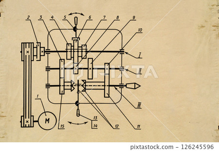 Old blueprint of lathe gearbox 126245596