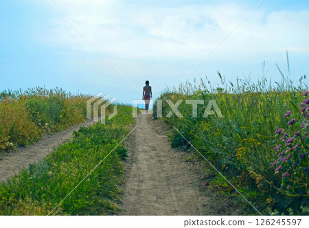 Dirt road in steppe overgrown with weeds Dirt road in steppe overgrown with weeds 126245597