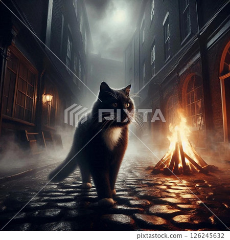 An alleyway with a fire burning and a cat passing by 126245632