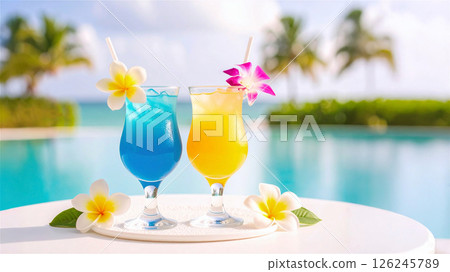 熱帶飲料藍色夏威夷和橙色雞尾酒，熱帶池畔背景 126245789