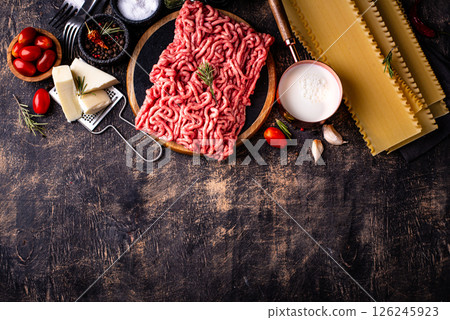 Ingredients for cooking lasagna bolognese with bechamel Ingredients for cooking lasagna bolognese with bechamel 126245923