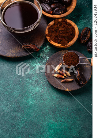 Coffee from date seed. Caffein free drink 126245934