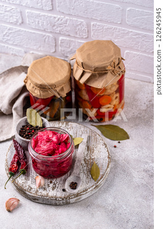 Healthy homemade fermented food in jars 126245945