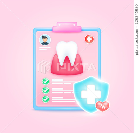 Medical document form board. Gum tooth check up list for health doctor. Symbol cross in shield, red heart pulse line with check mark green button. Health care concept. 3d cartoon vector. 126245980