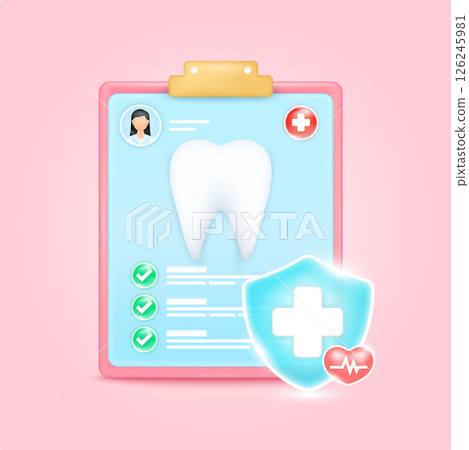Medical document form board. Tooth check up list for health doctor. Symbol cross in shield, red heart pulse line with check mark green button. Health care concept. 3d cartoon vector. Medical document form board. Tooth check up list for health doctor. Symbol cross in shield, red heart pulse line with check mark green button. Health care concept. 3d cartoon vector. 126245981