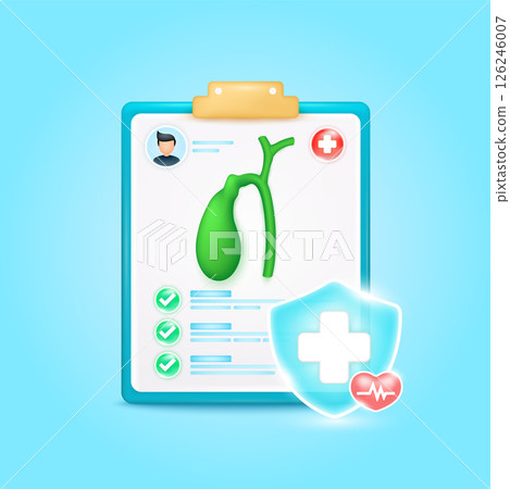 Medical document form board. Gallbladder check up list for health doctor. Symbol cross in shield, red heart pulse line with check mark green button. Health care concept. 3d cartoon vector. 126246007