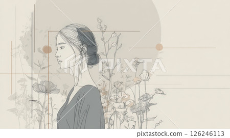 一位女性的側面和一株植物的插圖 126246113