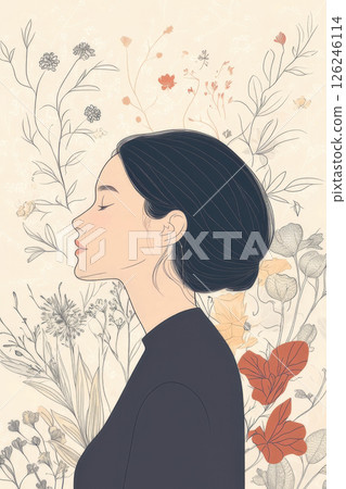 一位女性的側面和一株植物的插圖 126246114