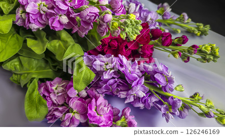 Bouquet of delicate lilac pink and red matthiola flowers on a light background. Bouquet of delicate lilac pink and red matthiola flowers on a light background. 126246169
