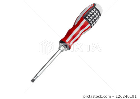 Screwdriver with colored rubber handle isolated on white background. Repair tool 126246191