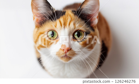 Cat sitting isolated on white background. Young shorthair cat sitting and looking at camera up with beautiful cute big eyes, with white and orange hair color stripes 126246276
