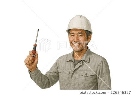 男電工手持電動螺絲起子的工作照(戴安全帽,背景透明) 男電工手持電動螺絲起子的工作照(戴安全帽,背景透明) 126246337