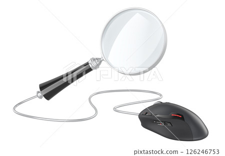 Magnifying glass with computer mouse. Online search or data analysis concept. 3D rendering Magnifying glass with computer mouse. Online search or data analysis concept. 3D rendering 126246753