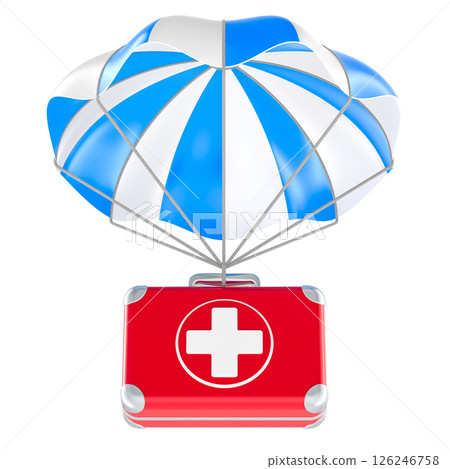 Parachute with First Aid Kit. 3D rendering Parachute with First Aid Kit. 3D rendering 126246758