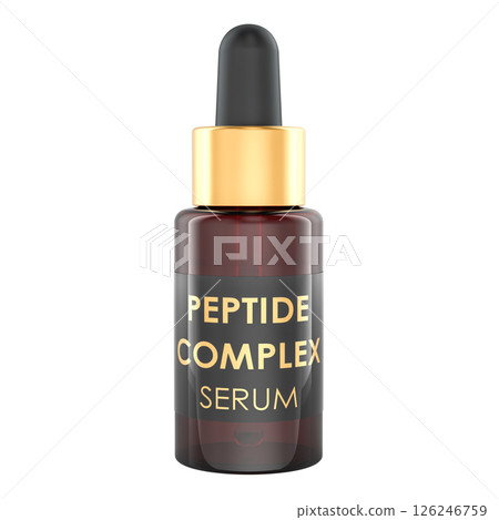 Peptide complex serum, droplet bottle from glass. 3D rendering Peptide complex serum, droplet bottle from glass. 3D rendering 126246759