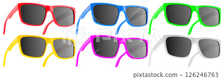 Set of Black Sunglasses. Colored Classic Retro Square Frame Driving Sun Glasses UV Protection, 3D rendering 126246763