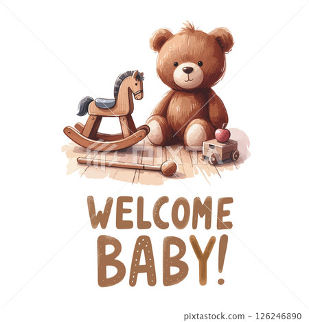 Welcome baby card with plush teddy bear and rocking horse. Baby shower invitation. 126246890