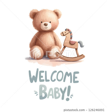 Welcome baby card with plush teddy bear and rocking horse. Baby shower invitation. 126246891