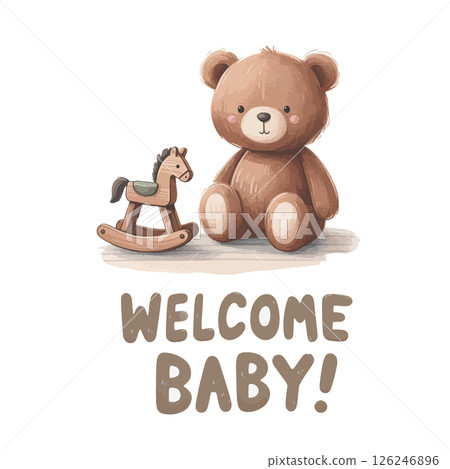 Welcome baby card with plush teddy bear and rocking horse. Baby shower invitation. Welcome baby card with plush teddy bear and rocking horse. Baby shower invitation. 126246896