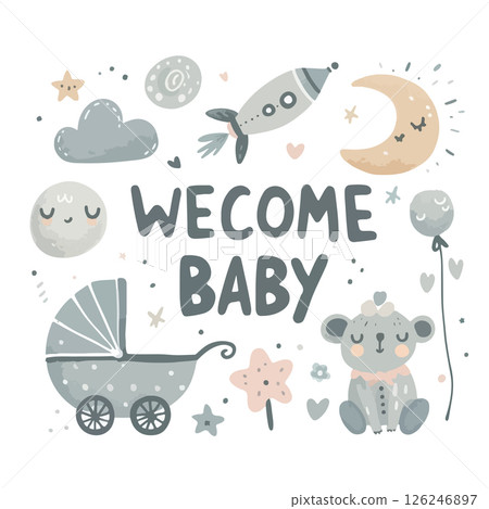 Welcome baby inscription. Baby shower invitation. 126246897