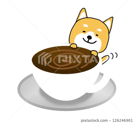 Shiba Inu smiling behind a cup of hot coffee 126246901