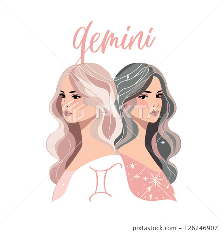 Zodiac girls Gemini. Vector astrological signs as a beautiful woman. Future telling, horoscope, alchemy, spirituality, occultism, fashion. 126246907