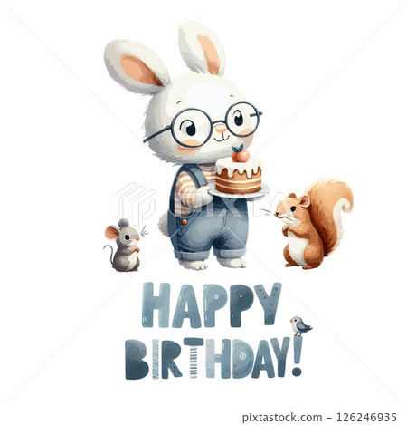 Watercolor birthday card with Cute white Rabbit and friends mouse and squirrel. 126246935
