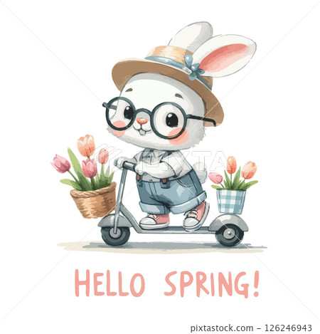 Hello spring. Watercolor Bunny on bike with spring flowers. Cute vector illustration for spring design. 126246943